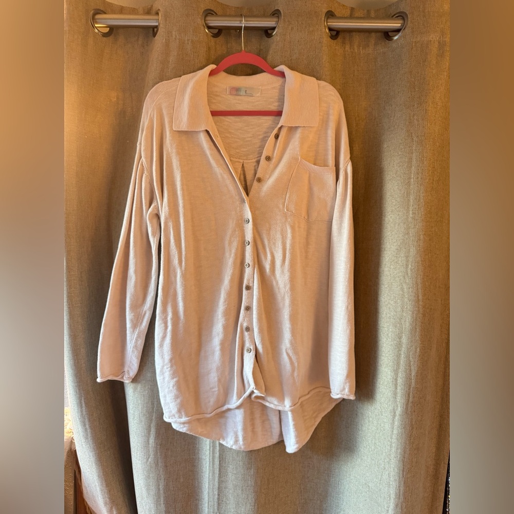 FP Beach Cream Cotton Button-Up Knit Top